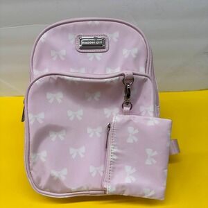 Madden Girl Pink Mini Backpack with White Bow Print and Detachable Coin Pouch